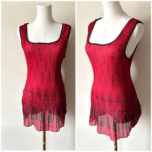Vintage 90s Red & Black Pleated Accordion Stretch Long Line Stamp Print Tank Top
